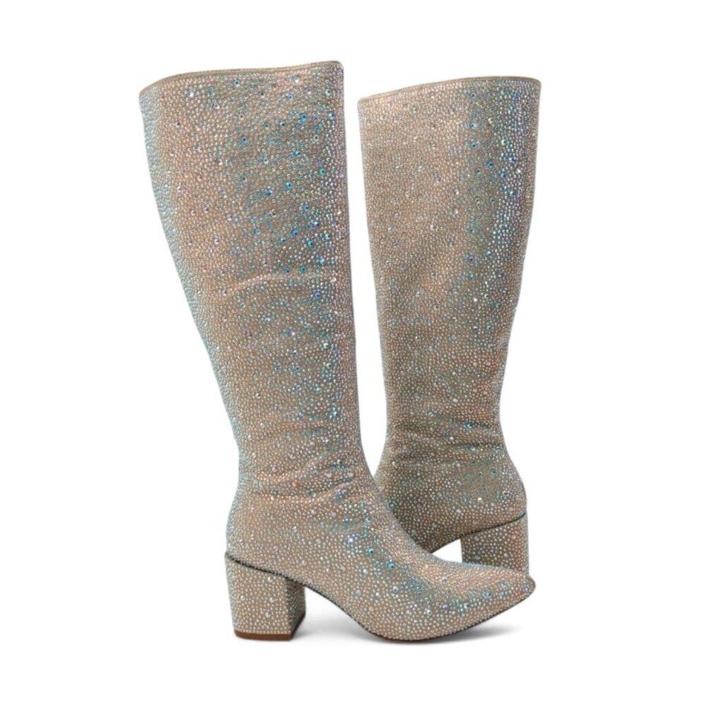 Wetkiss Women's Size 7 Iridescent Crystal Rhinestone Chunky Heel Knee High Boots - Picture 4 of 16